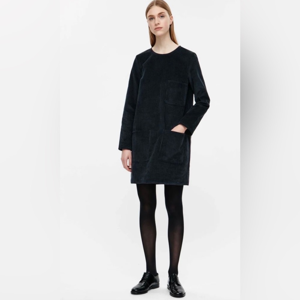 NWOT  COS Navy Corduroy Long Sleeve Shift Mod Mini Dress, Size 8